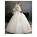 HQ308 New Wedding Dresses for Adults Bride Use Crystal V-neck Floor Length Empire Ball Gown Frocks Gold Lace Bridal Dresses